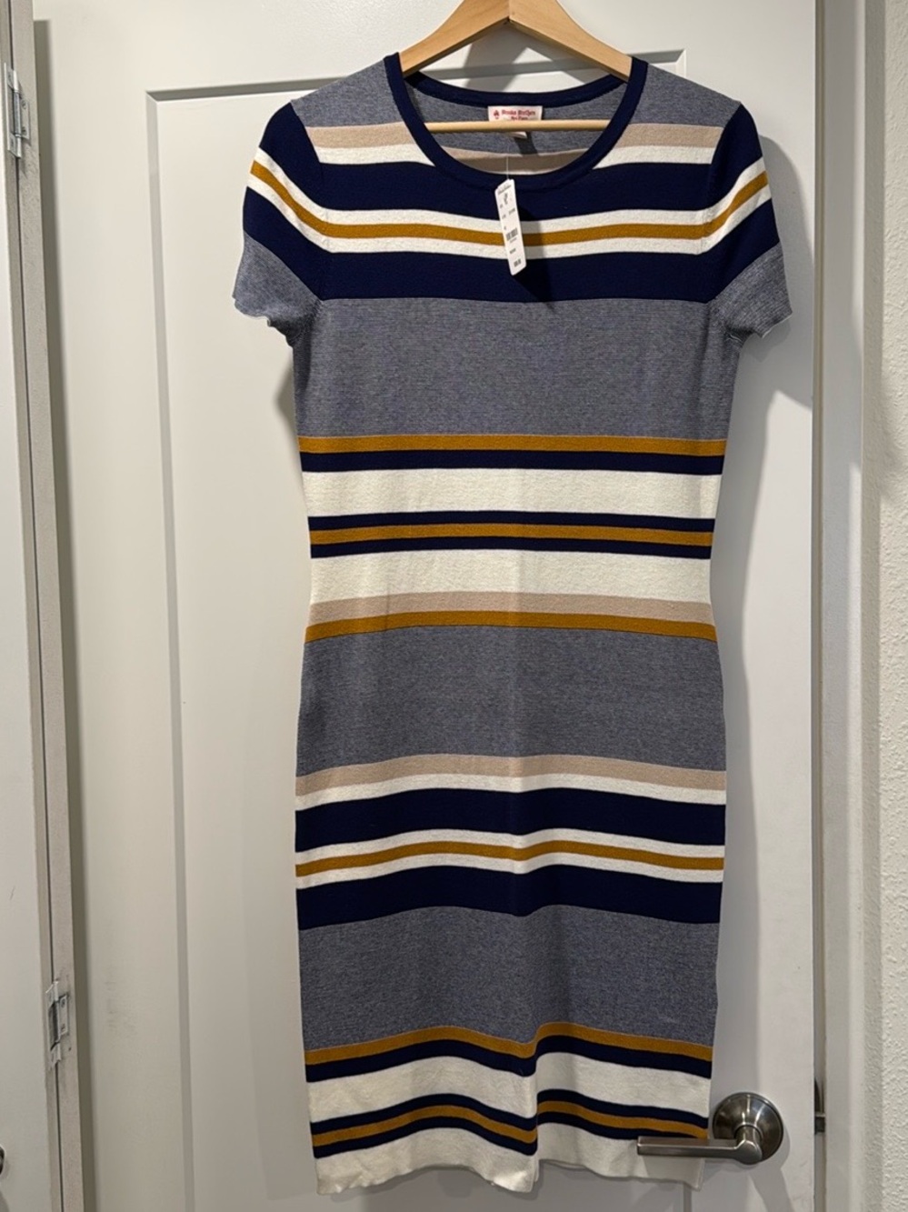 Brooks Brothers Striped Midi Knit Dress - Navy, Gray, White & Mustard